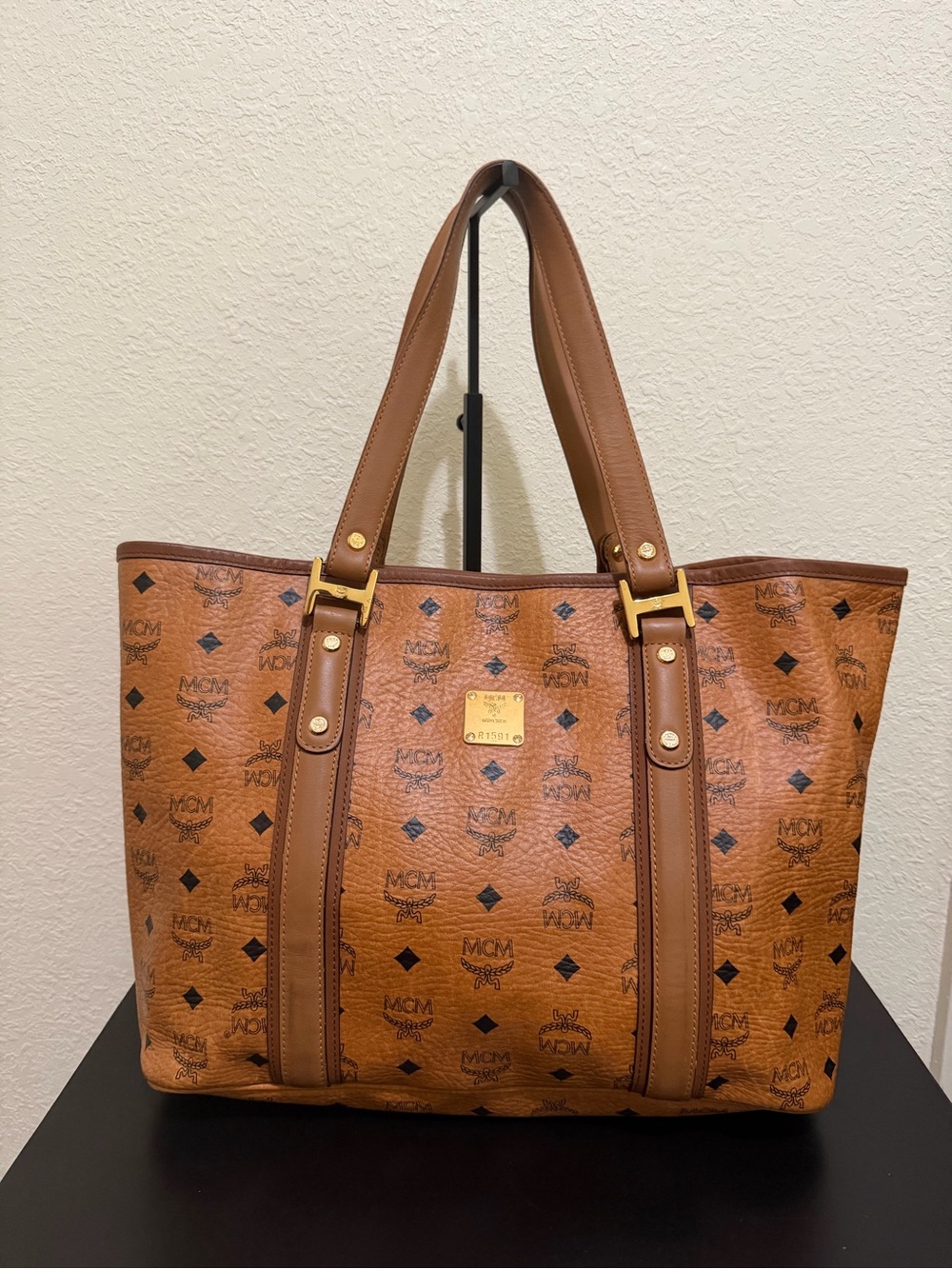 MCM Cognac Visetos Logo Tote in Tan and Brown